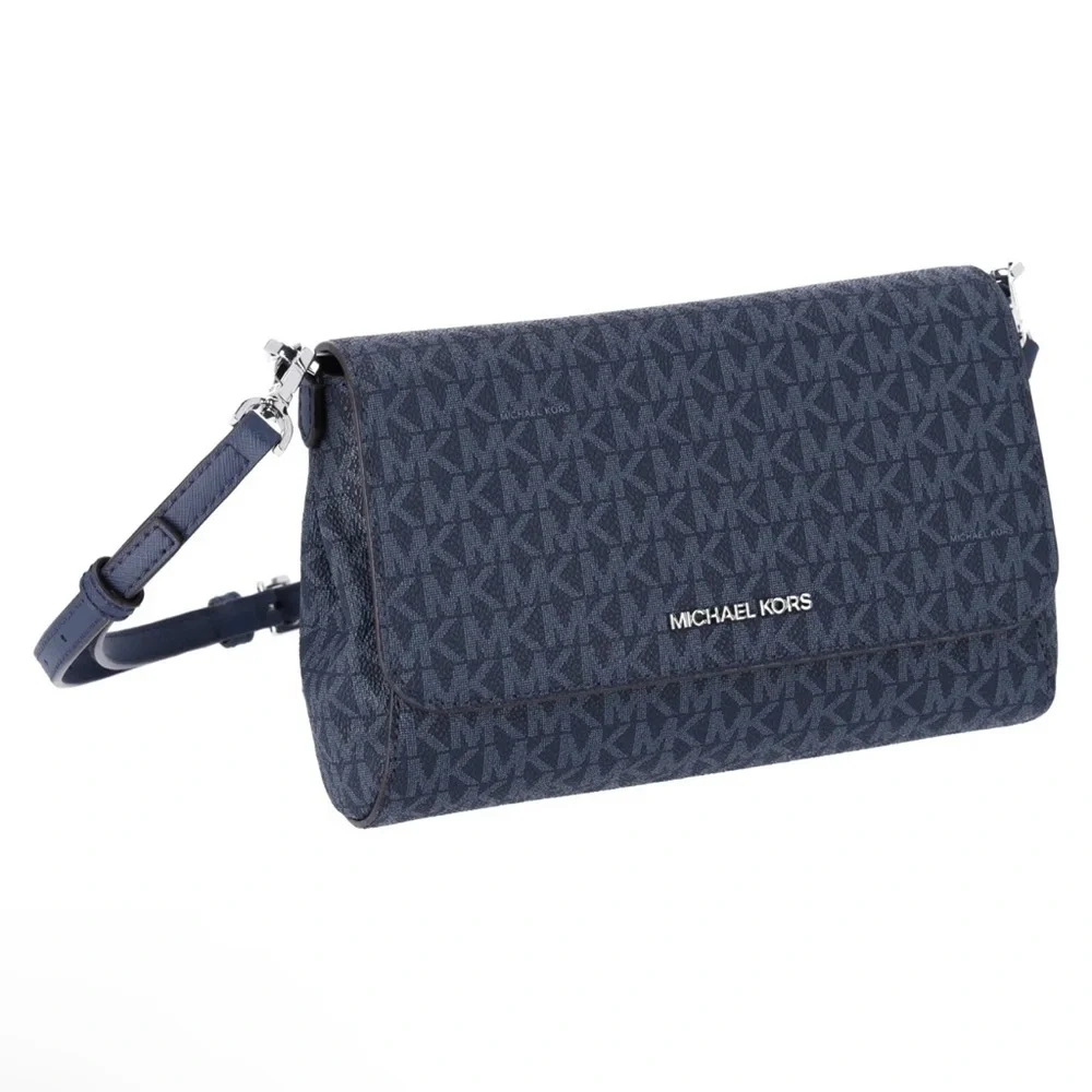 Michael Kors Jet Set Medium Convertible Pouchette Crossbody Navy MK Signature